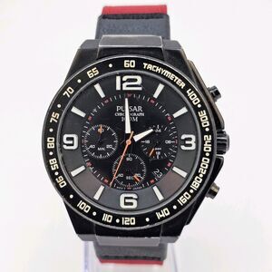 VTG Pulsar Men's Watch 45MM‎ Black Dial Case Black Red Canvas Bands New Battery
